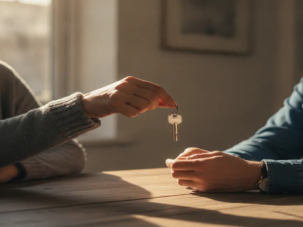 A house key being passed from one person to another across a wooden table