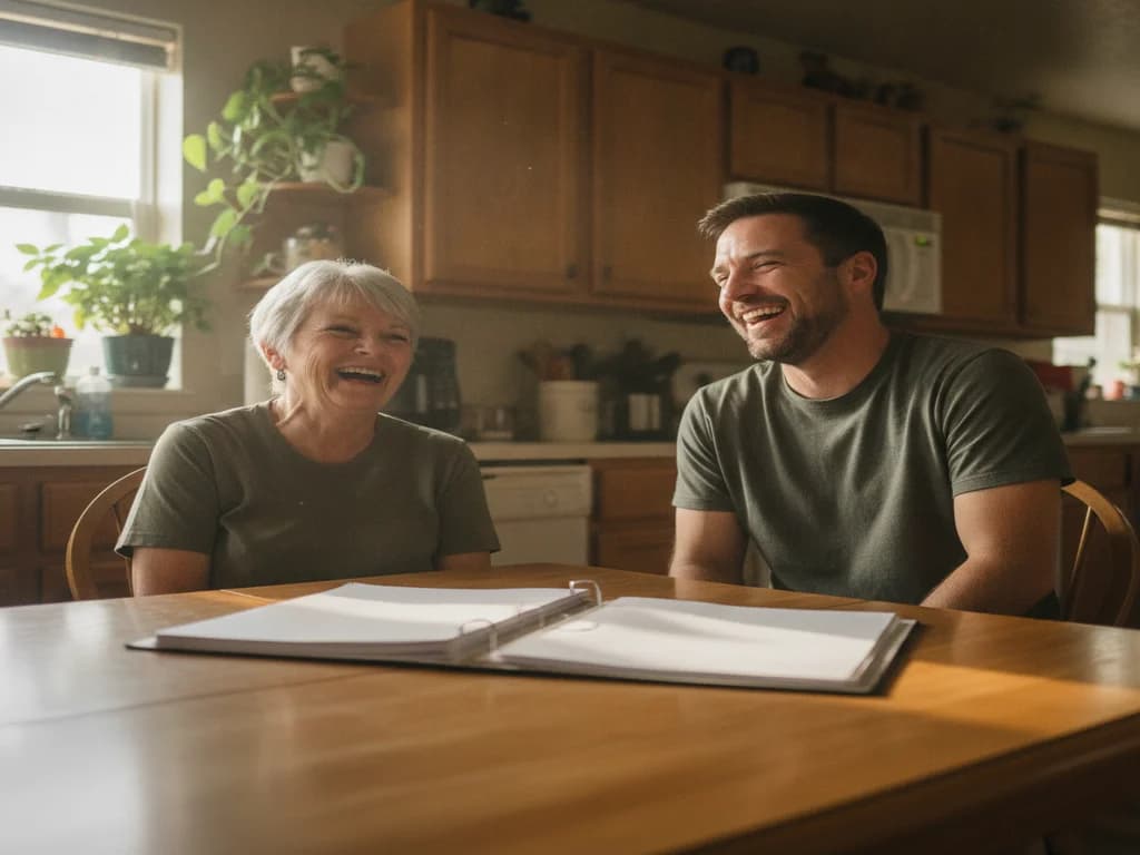 Two people sitting at a kitchen table with an open folder of paperwork between them