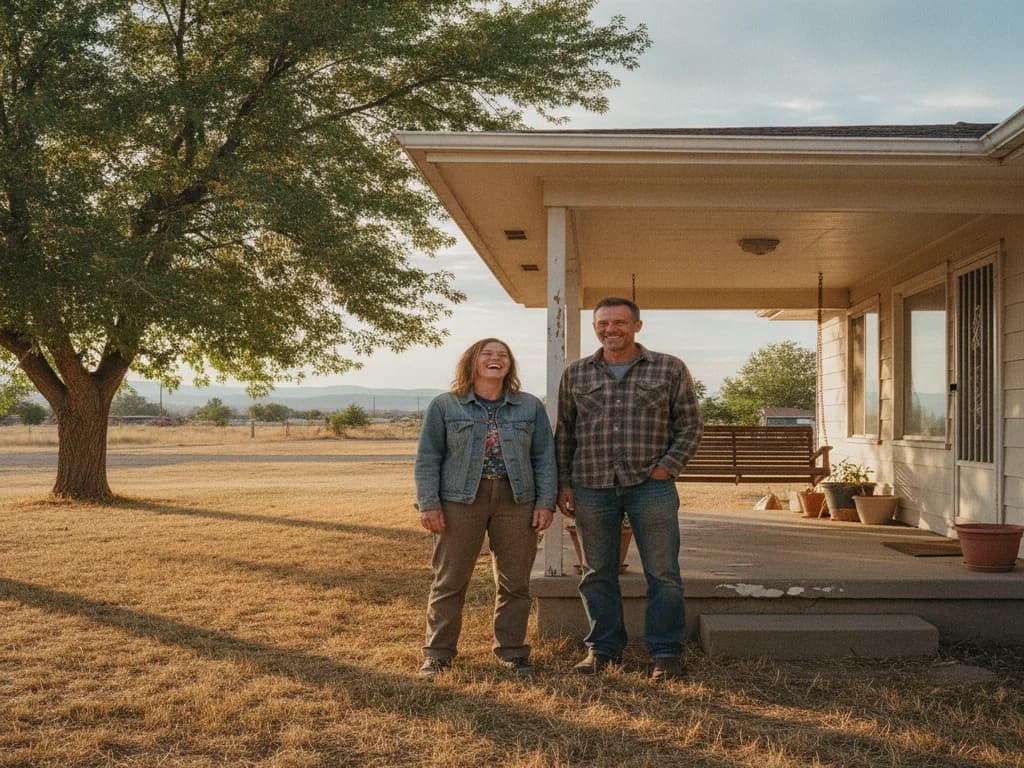 Two people talking on the covered porch of a single-storey Idaho house at the end of the day